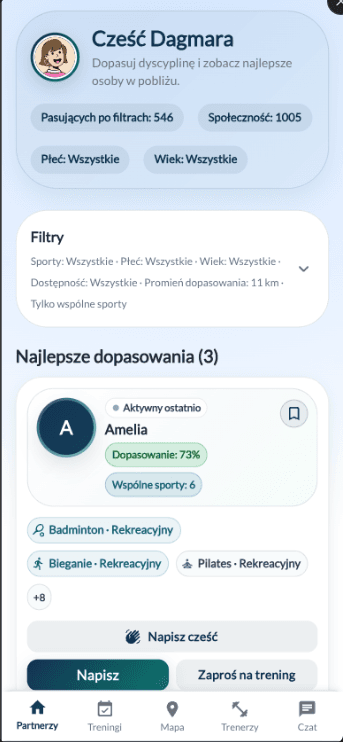 Aplikacja zagrajMy na telefonie — dashboard z najlepszymi dopasowaniami sportowymi