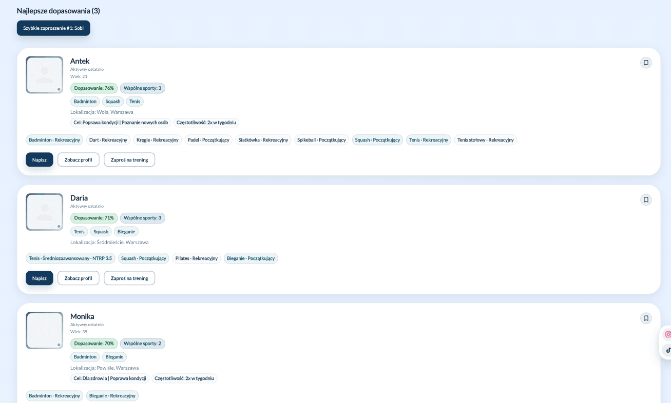 Tak wygląda widok dopasowań w aplikacji